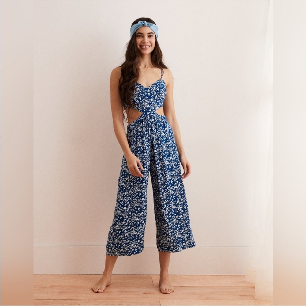 [2 for $20] Aerie Blue Floral Jumpsuit